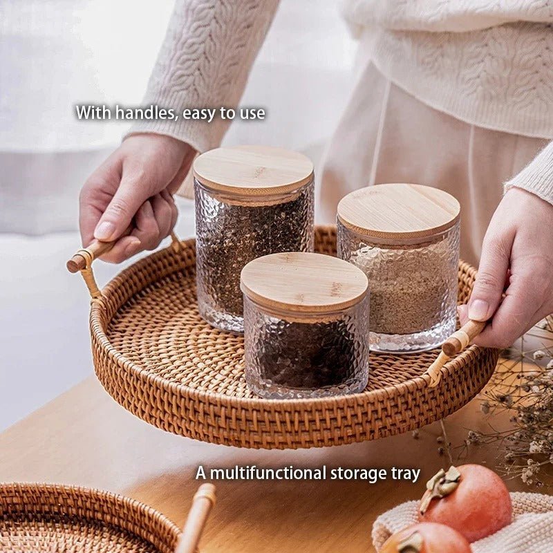 Handwoven Rattan Storage Tray with Wooden Handle - Tegulane Global