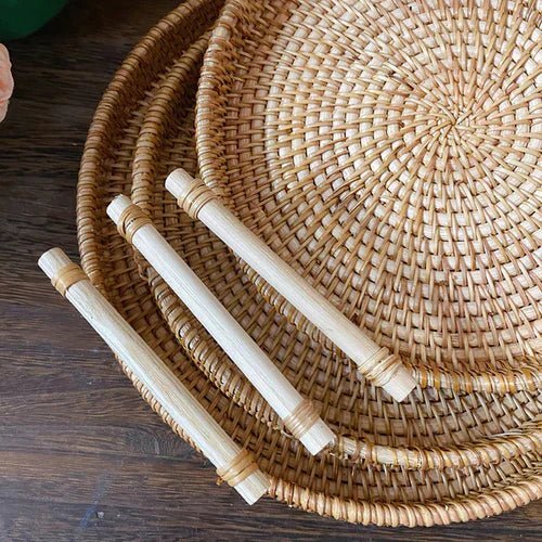 Handwoven Rattan Storage Tray with Wooden Handle - Tegulane Global