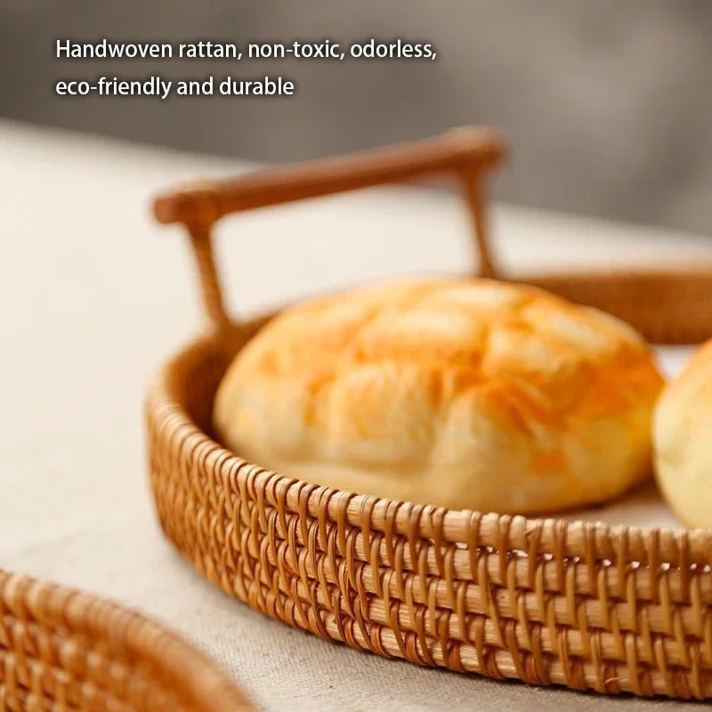 Handwoven Rattan Storage Tray with Wooden Handle - Tegulane Global