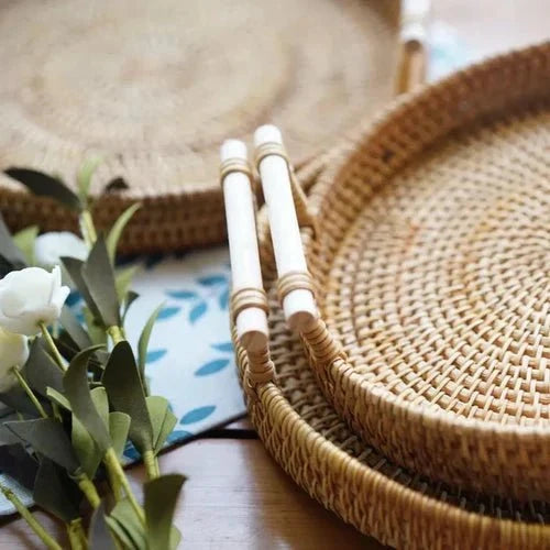 Handwoven Rattan Storage Tray with Wooden Handle - Tegulane Global