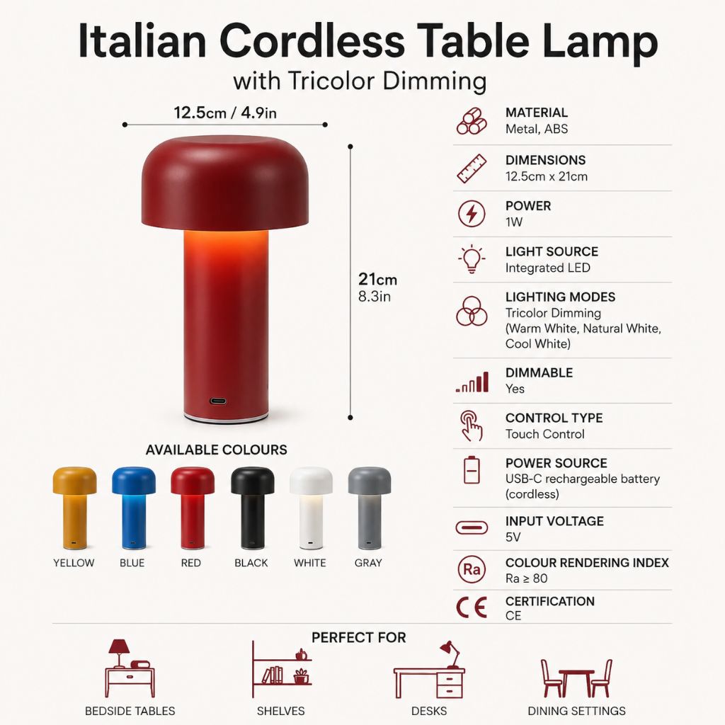 Italian Cordless Table Lamp with Tricolor Dimming - Tegulane Global