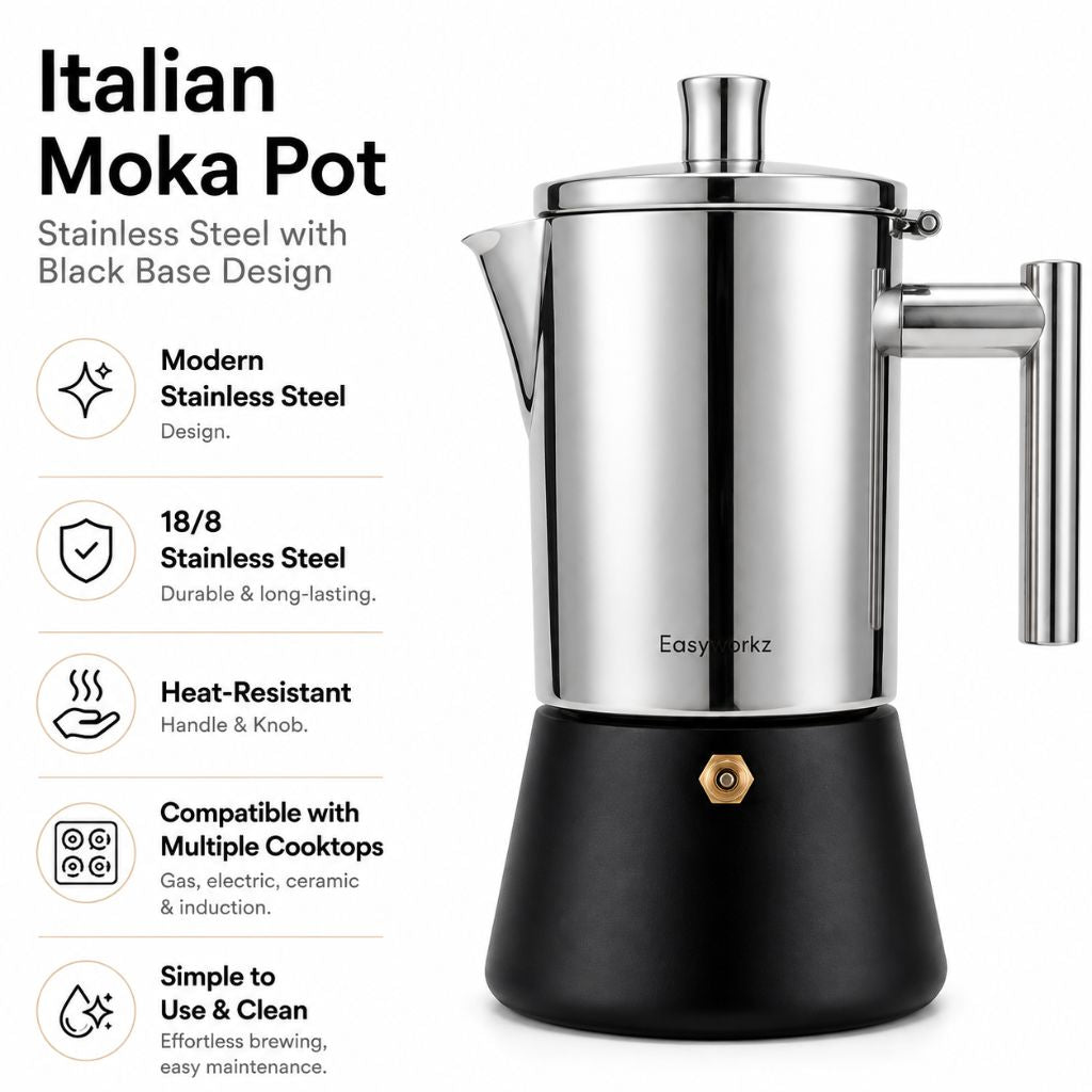 Italian Moka Pot - Stainless Steel with Black Base Design - Tegulane Global