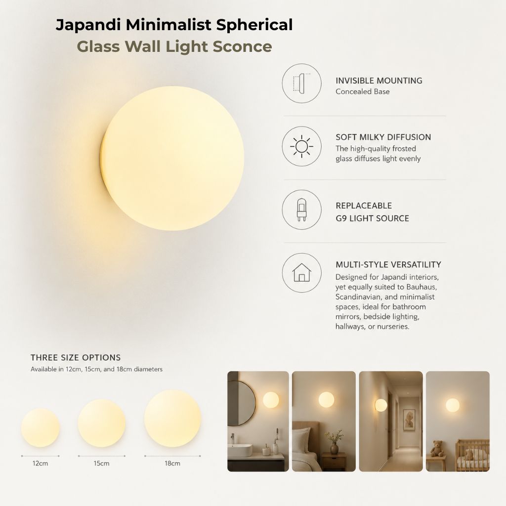 Japandi Minimalist Spherical Glass Wall Light Sconce - Tegulane Global