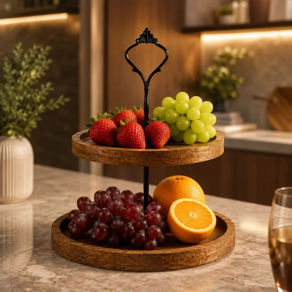 Japanese Solid Wood Fruit Tray Two Tier Round Snack Plate