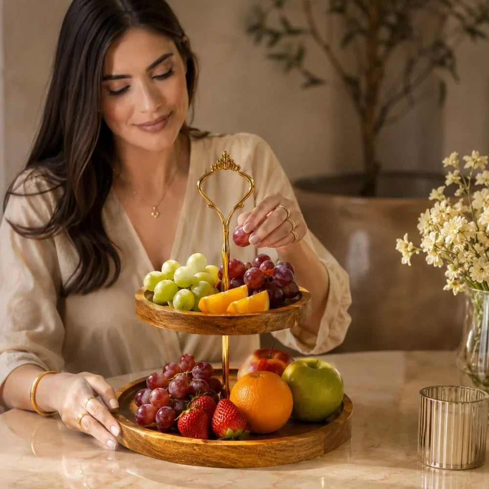 Japanese Solid Wood Fruit Tray Two Tier Round Snack Plate - Tegulane Global