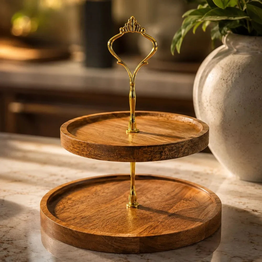 Japanese Solid Wood Fruit Tray Two Tier Round Snack Plate - Tegulane Global