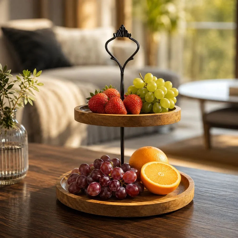Japanese Solid Wood Fruit Tray Two Tier Round Snack Plate - Tegulane Global
