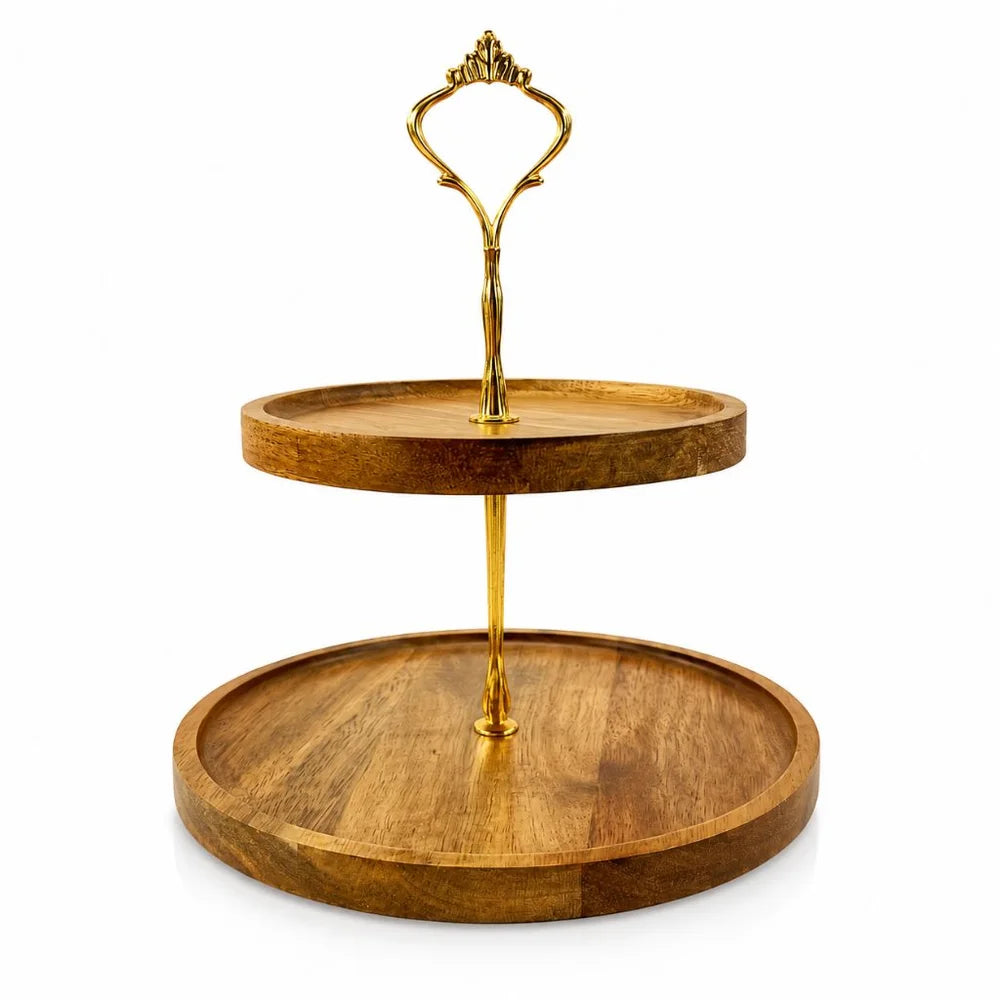 Japanese Solid Wood Fruit Tray Two Tier Round Snack Plate - Tegulane Global