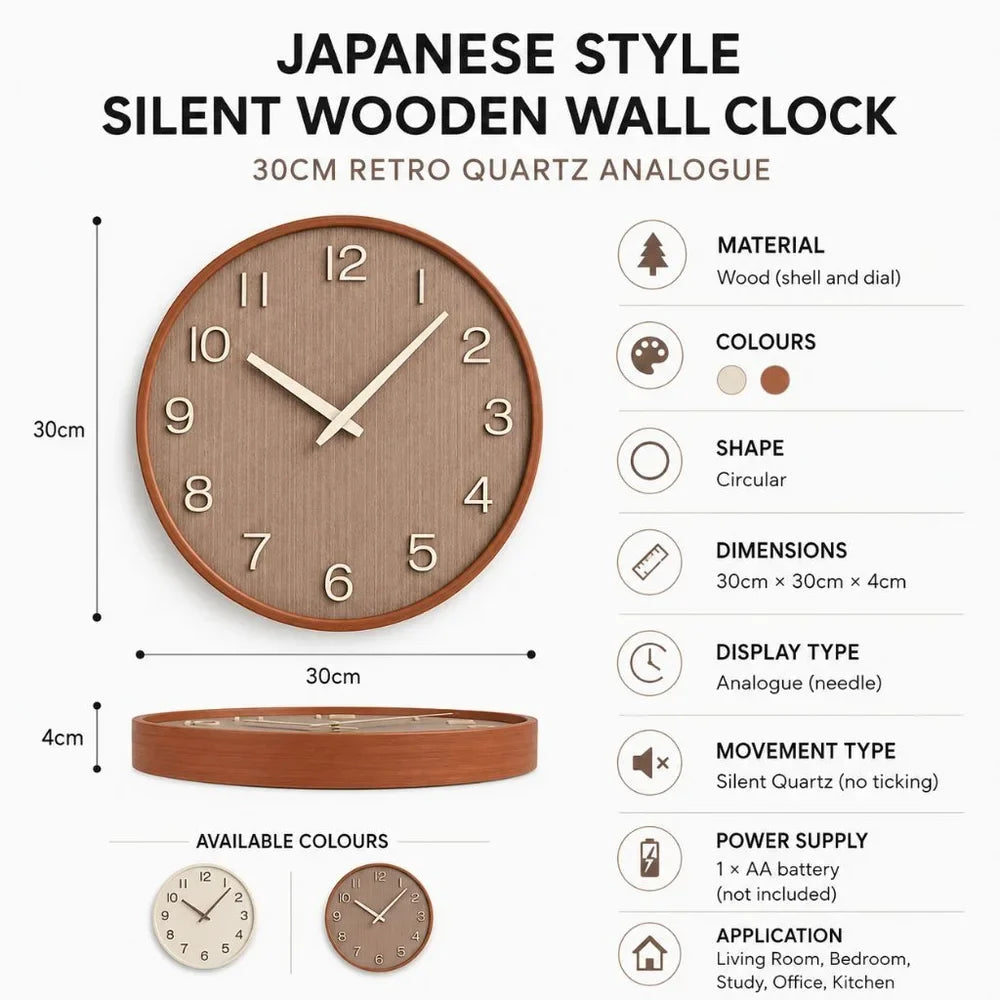 Japanese Style Silent Wooden Wall Clock 30cm Retro Quartz Analogue - Tegulane Global