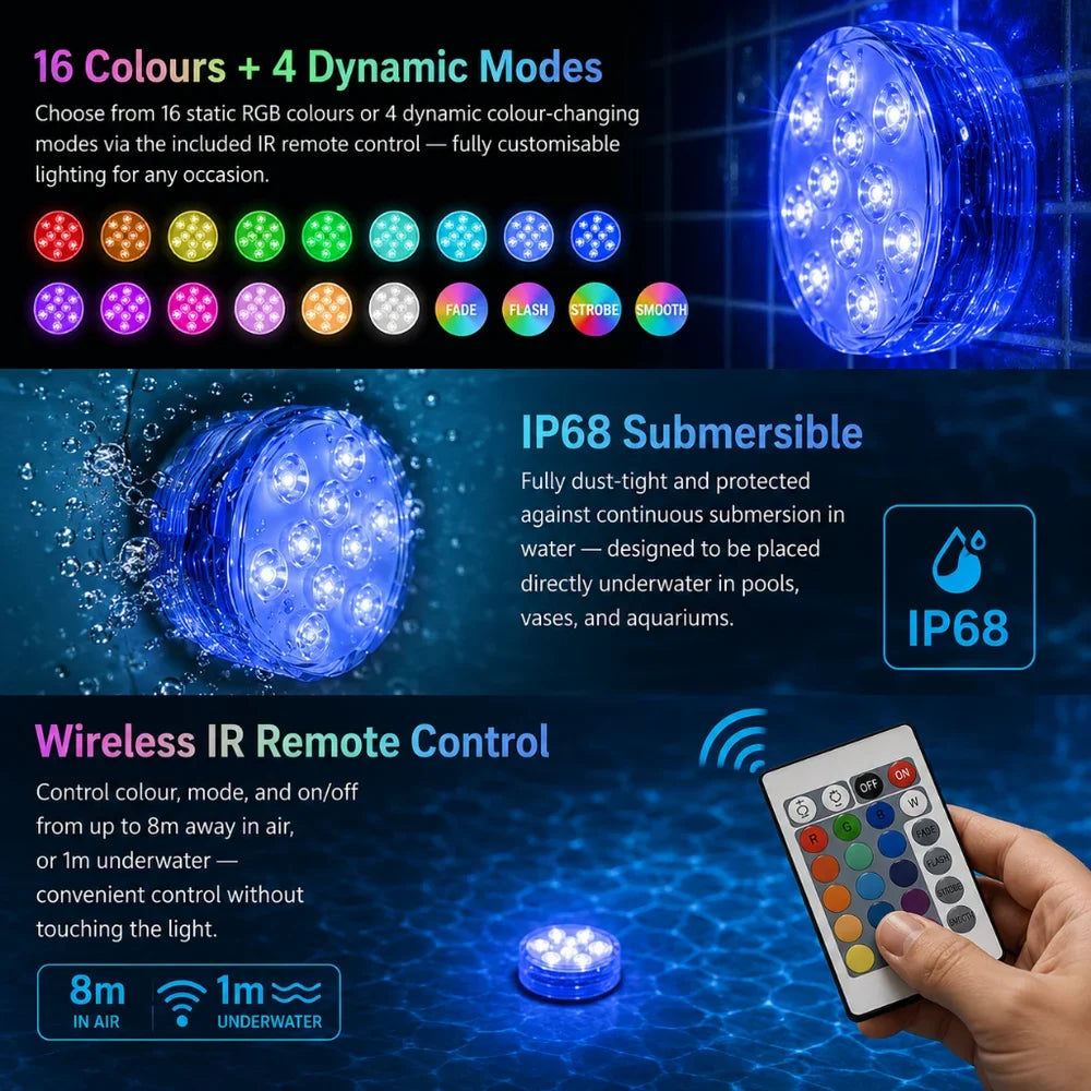 LED Submersible Pool Light RGB IP68 Remote Control - Suction Cup Mount - Tegulane Global