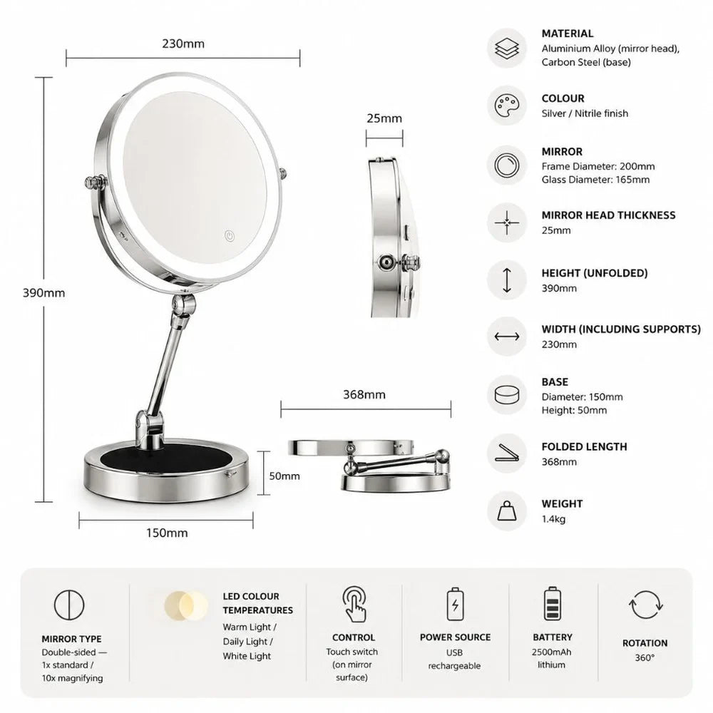 Lighted Tabletop Makeup Mirror 10x Magnifying - Touch Screen Light Control - Tegulane Global