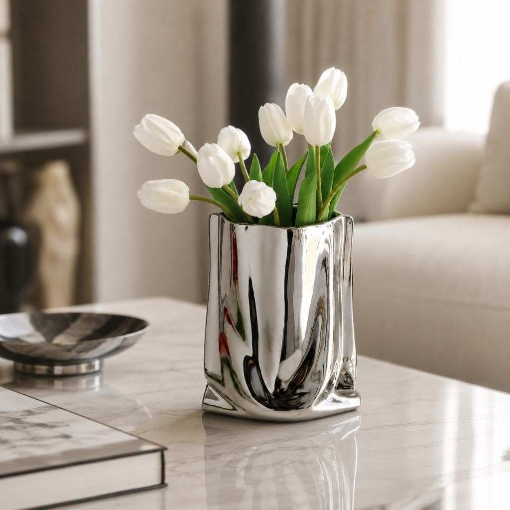Liquid Silver Vase with Metallic Finish - Tegulane Global