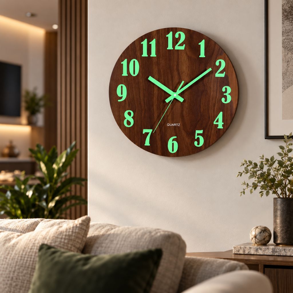 Luminous Wood-Grain Quartz Wall Clock - Tegulane Global