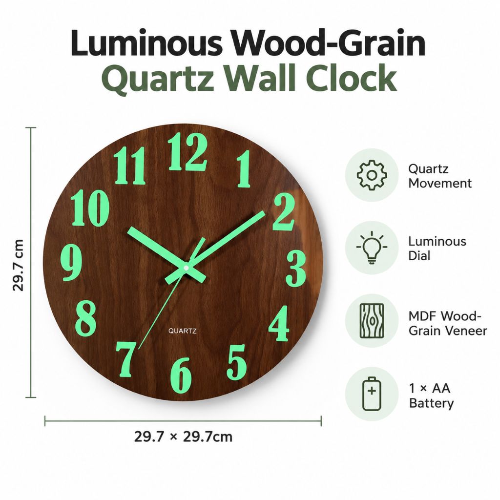 Luminous Wood-Grain Quartz Wall Clock - Tegulane Global