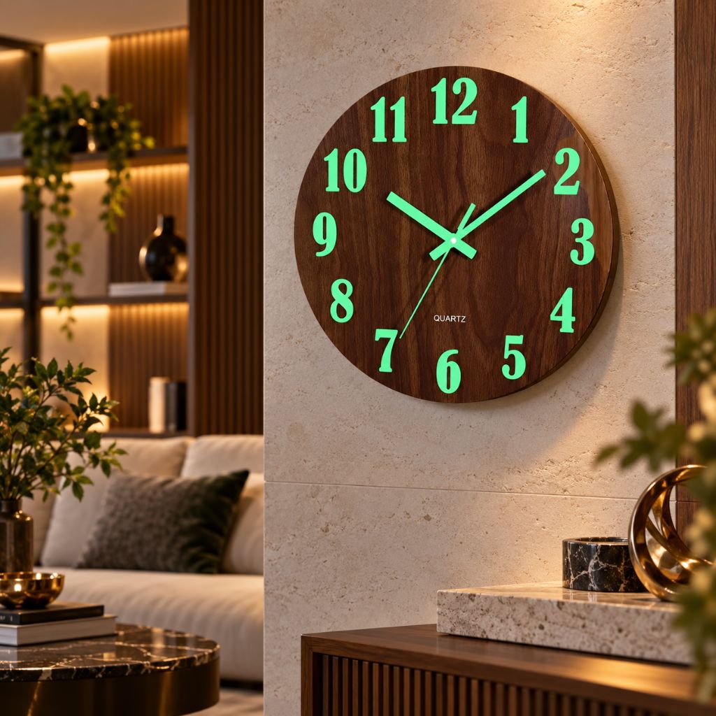 Luminous Wood-Grain Quartz Wall Clock - Tegulane Global