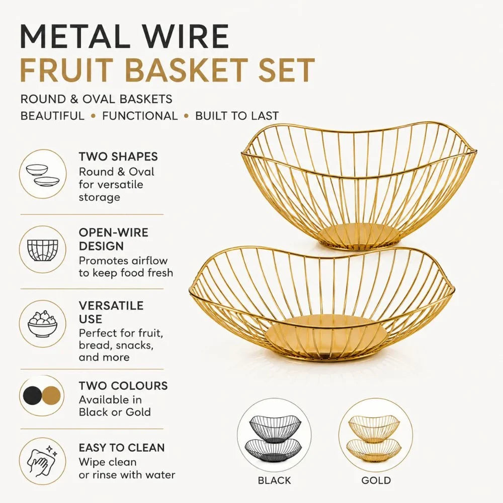 Metal Wire Fruit Basket Set - Round and Oval Kitchen Storage Bowl - Tegulane Global