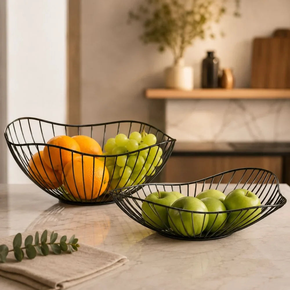 Metal Wire Fruit Basket Set - Round and Oval Kitchen Storage Bowl - Tegulane Global