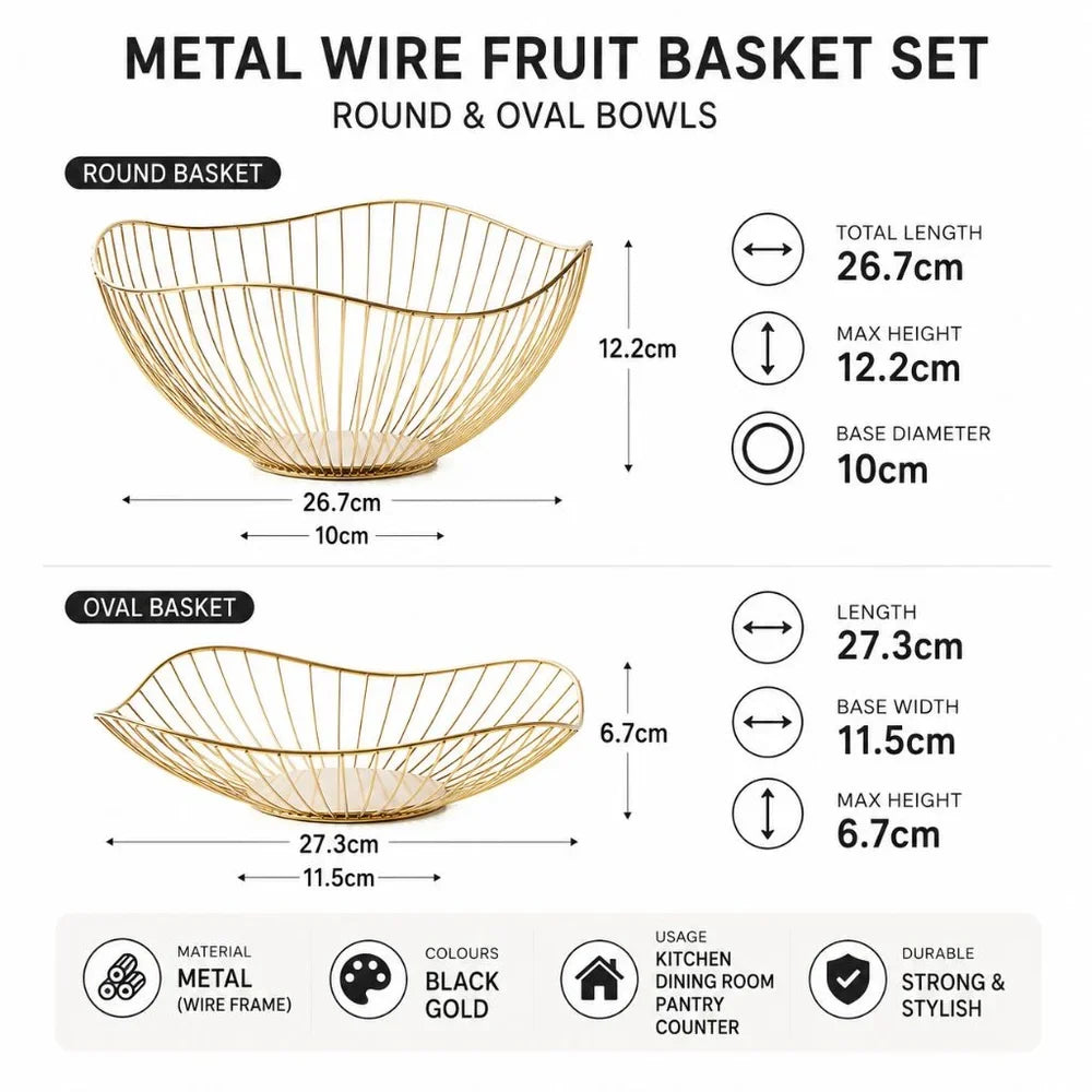 Metal Wire Fruit Basket Set - Round and Oval Kitchen Storage Bowl - Tegulane Global