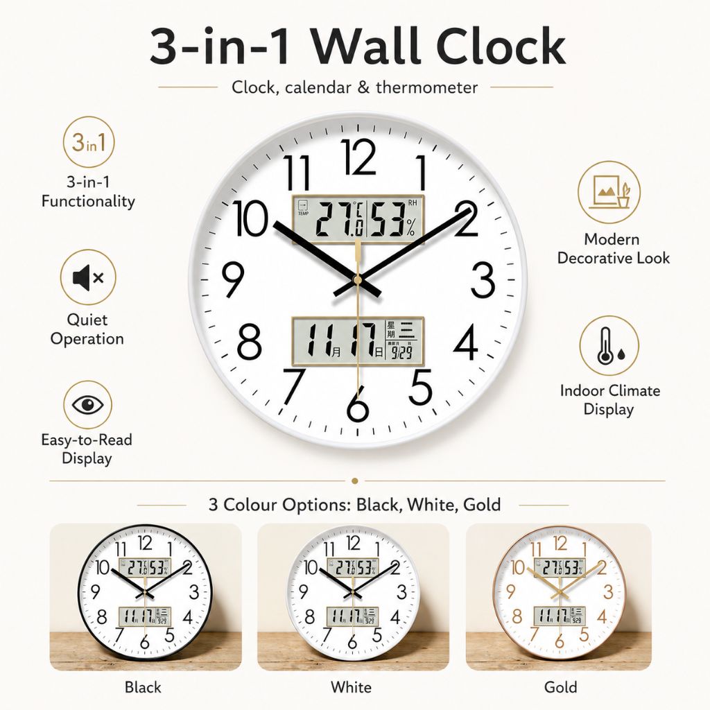 MetroSense 3-in-1 Quiet Wall Clock with Calendar & Thermometer - Tegulane Global