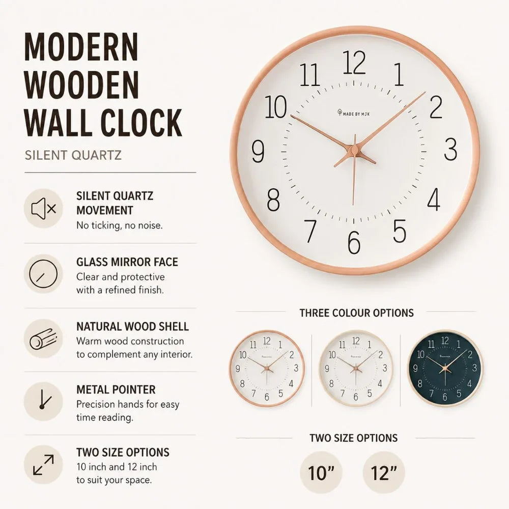 Modern Nordic Wooden Wall Clock Silent Quartz - Tegulane Global