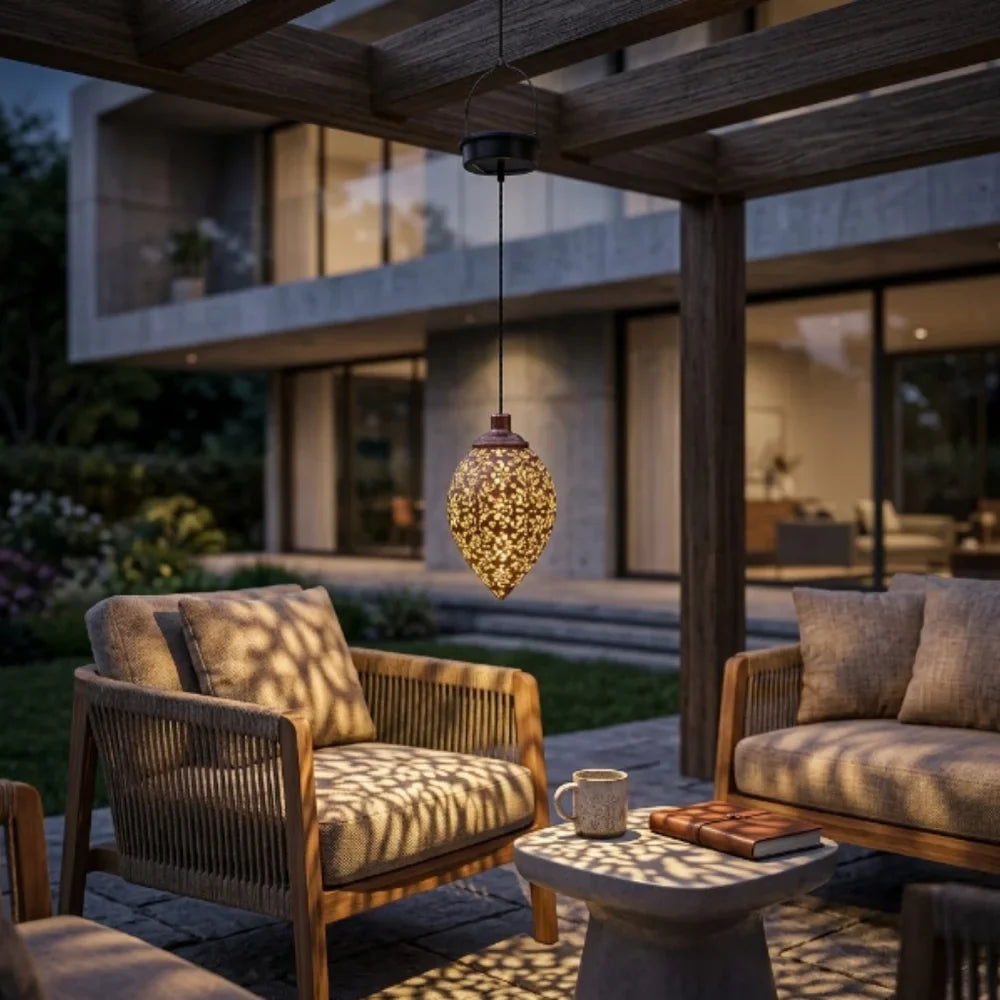 Moroccan Solar Hanging Light Outdoor Metal Lantern - Tegulane Global