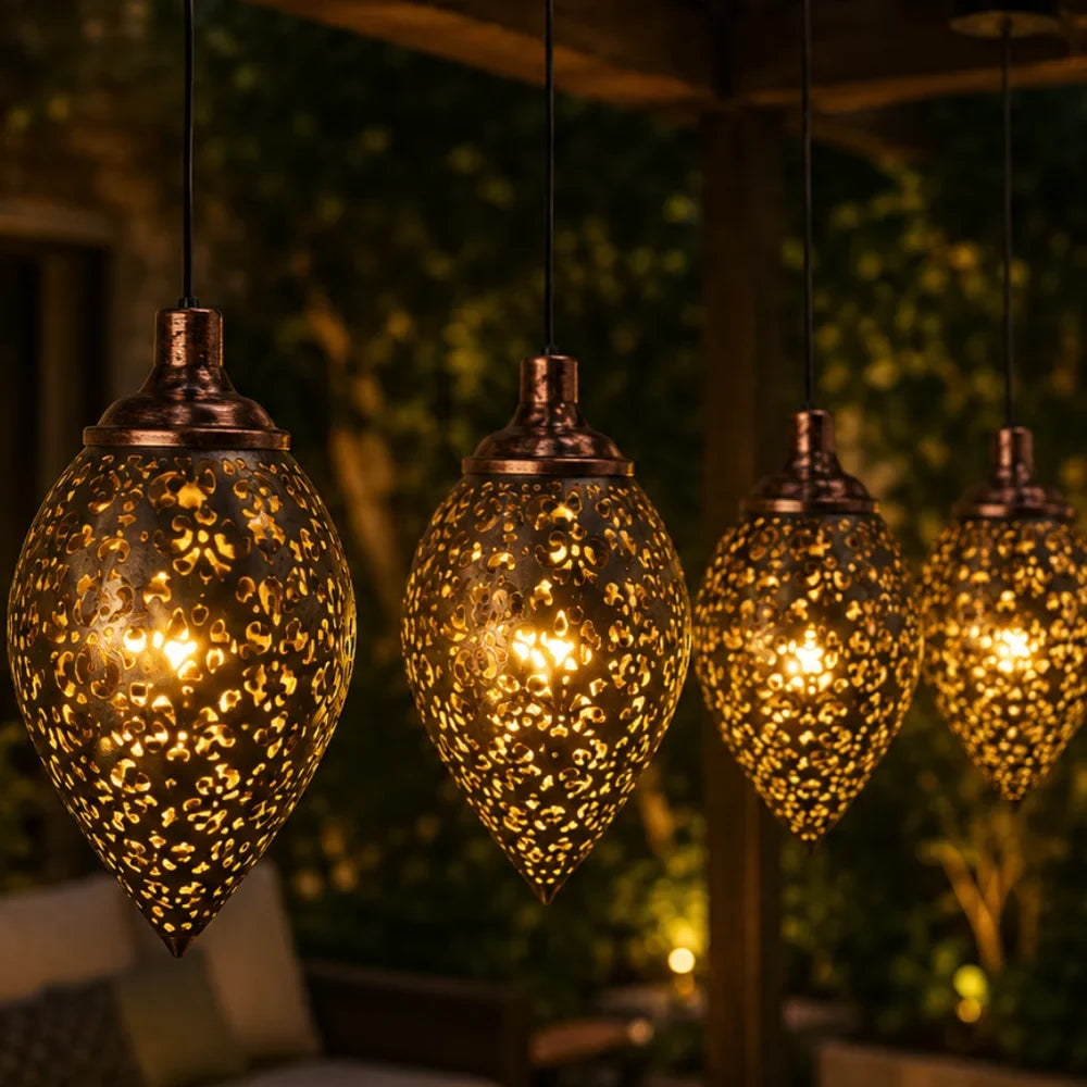Moroccan Solar Hanging Light Outdoor Metal Lantern - Tegulane Global