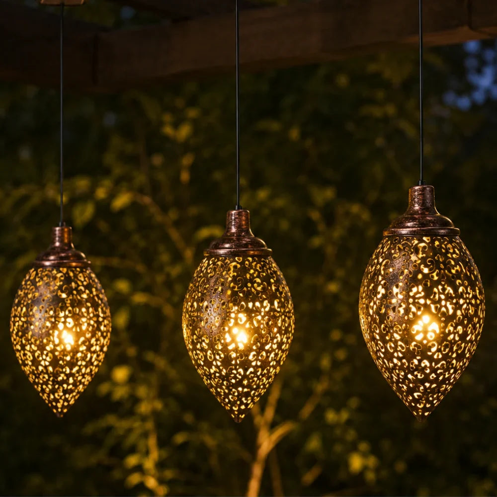 Moroccan Solar Hanging Light Outdoor Metal Lantern - Tegulane Global