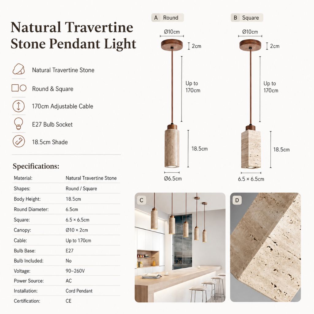 Natural Travertine Stone Pendant Light - Tegulane Global