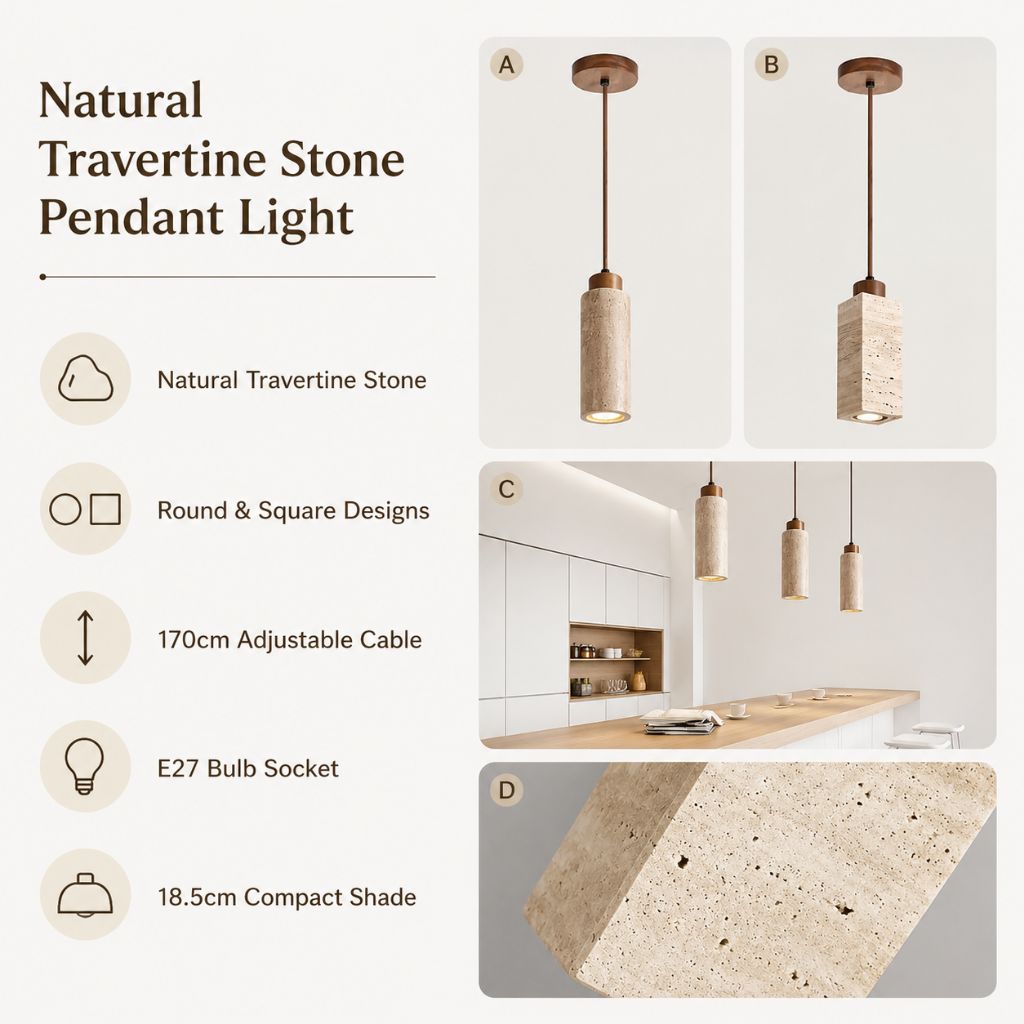 Natural Travertine Stone Pendant Light - Tegulane Global