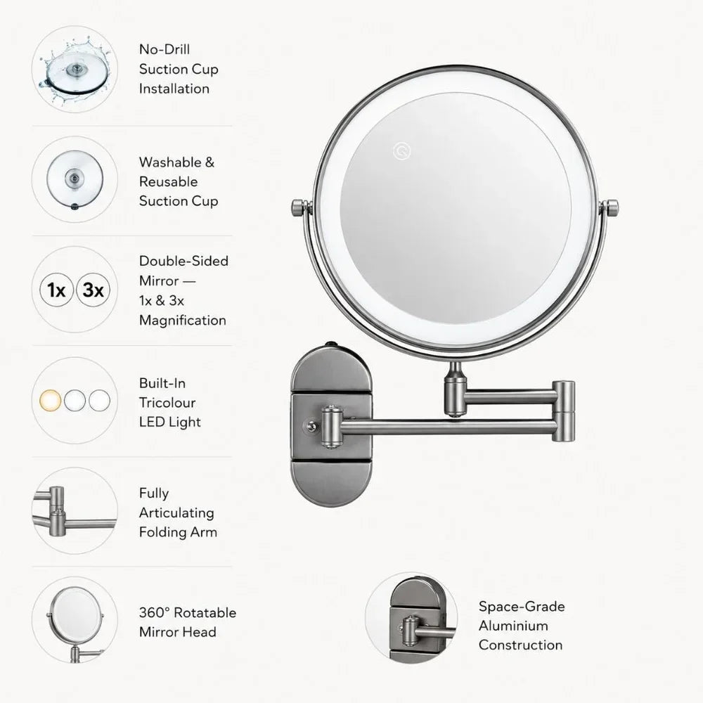 No-Drill Suction Cup Makeup Mirror LED Light with Folding Arm - Tegulane Global