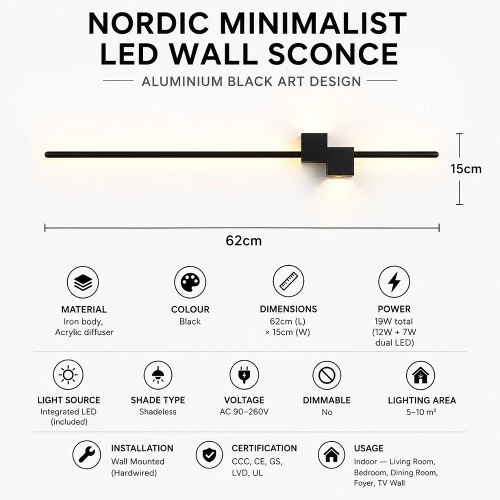 Nordic Minimalist LED Wall Sconce Aluminium Black Art Design - Tegulane Global