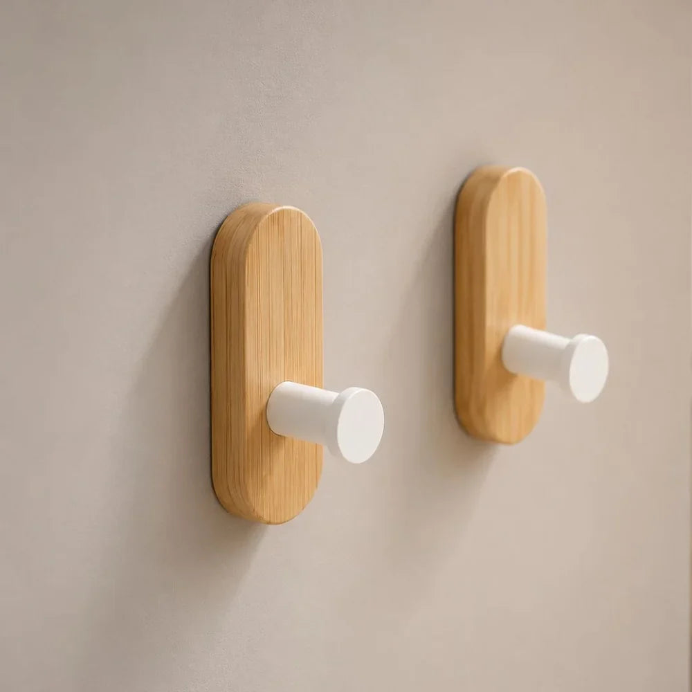 Nordic Walnut Wood Adhesive Wall Hooks - No Drill - Tegulane Global