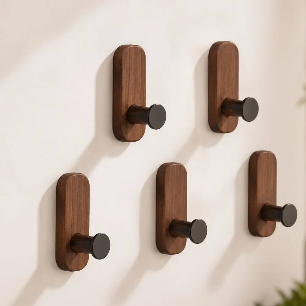 Nordic Walnut Wood Adhesive Wall Hooks - No Drill - Tegulane Global