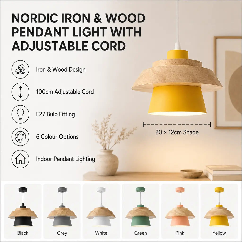Nordic Iron & Wood Pendant Light with Adjustable Cord - Tegulane Global