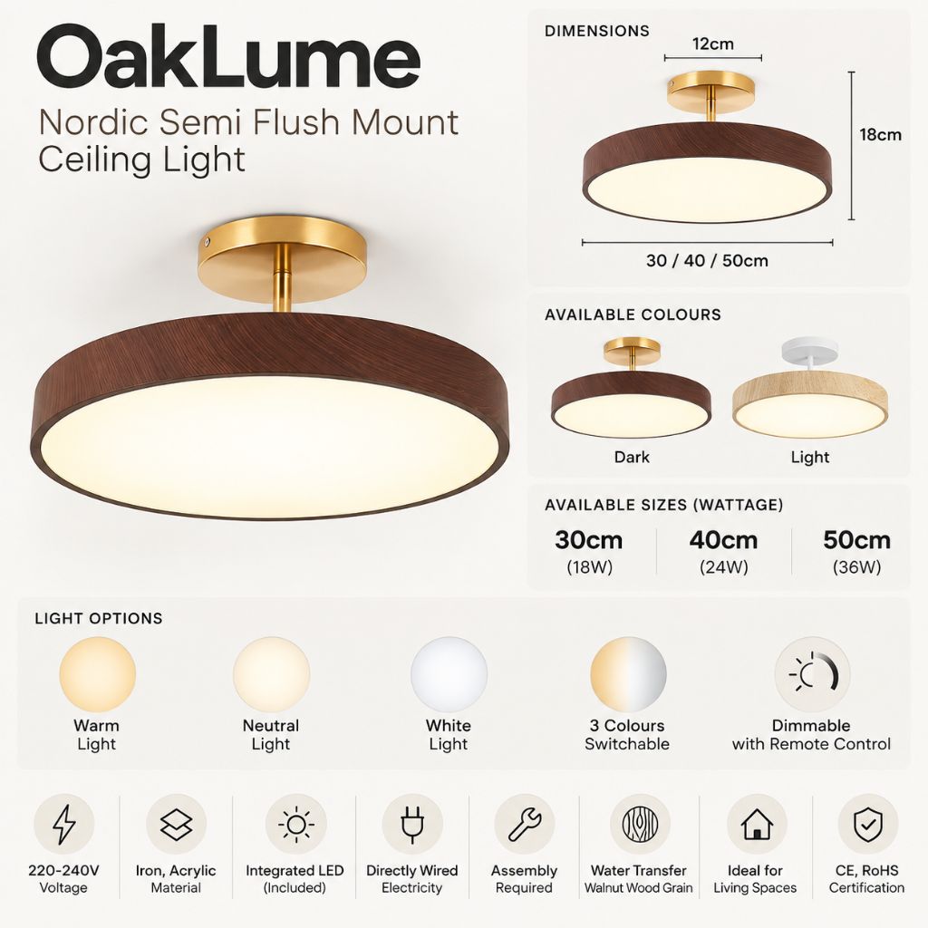 OakLume Nordic Semi Flush Mount Ceiling Light - Tegulane Global