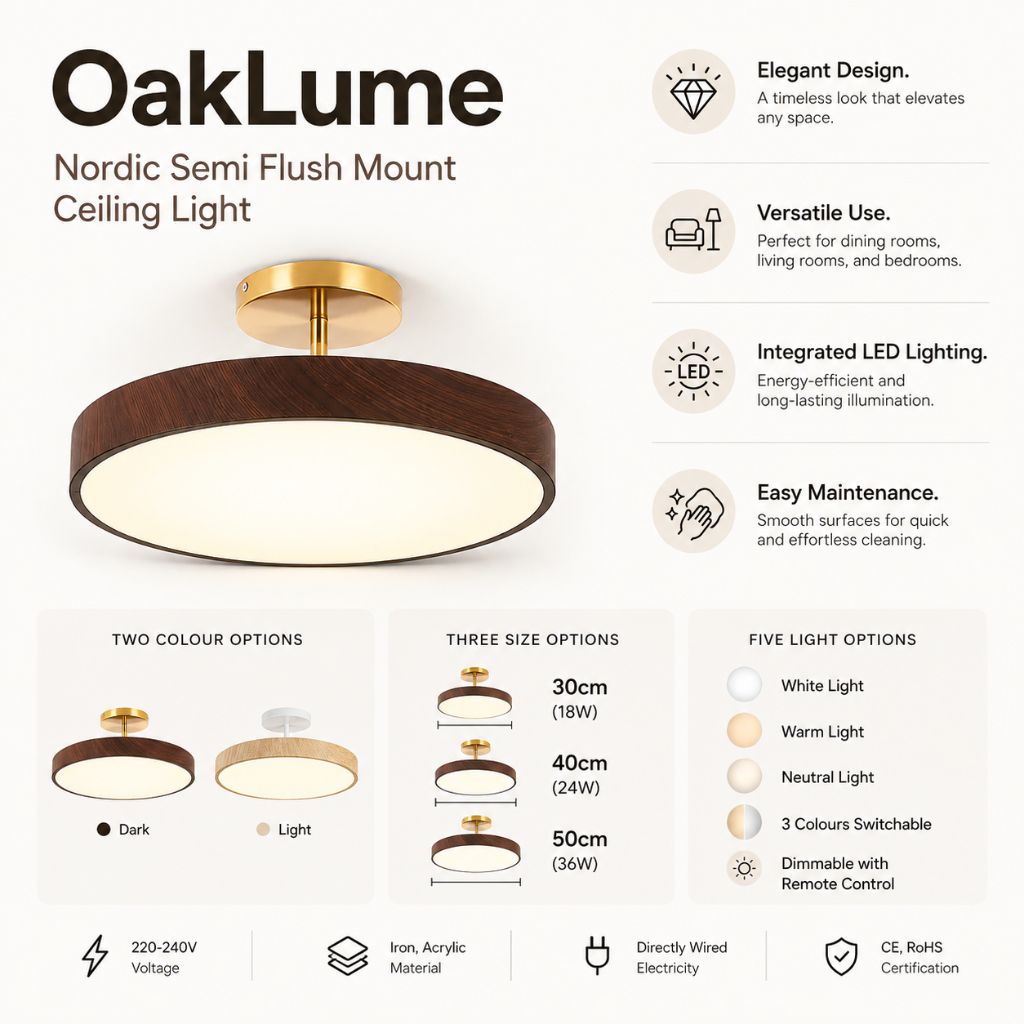 OakLume Nordic Semi Flush Mount Ceiling Light - Tegulane Global