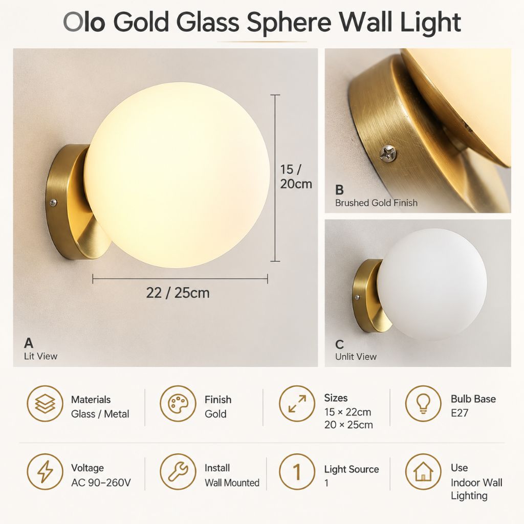 Olo Gold Glass Sphere Wall Light with E27 Fitting - Tegulane Global