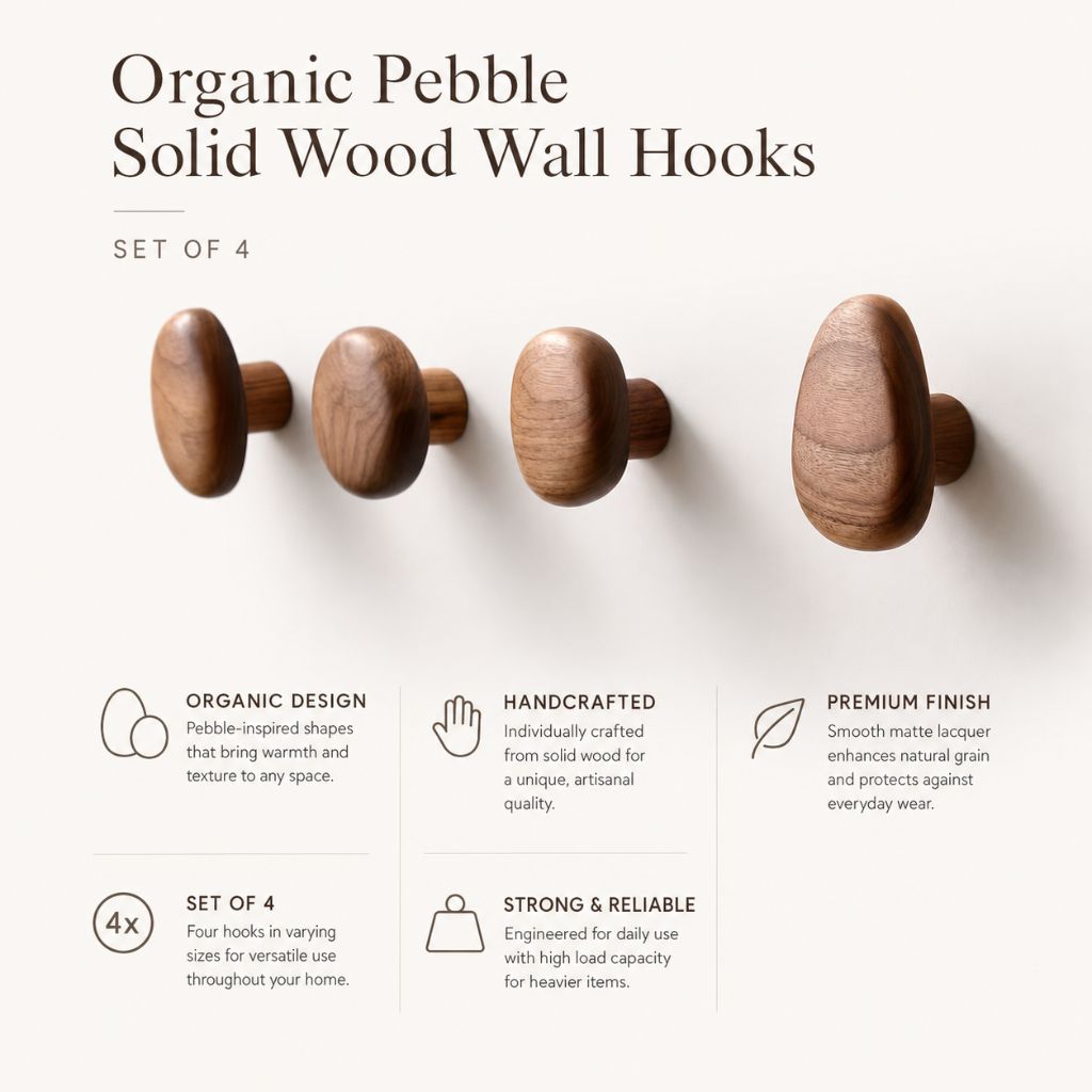 Organic Pebble Solid Wood Wall Hooks – Set of 4 - Tegulane Global