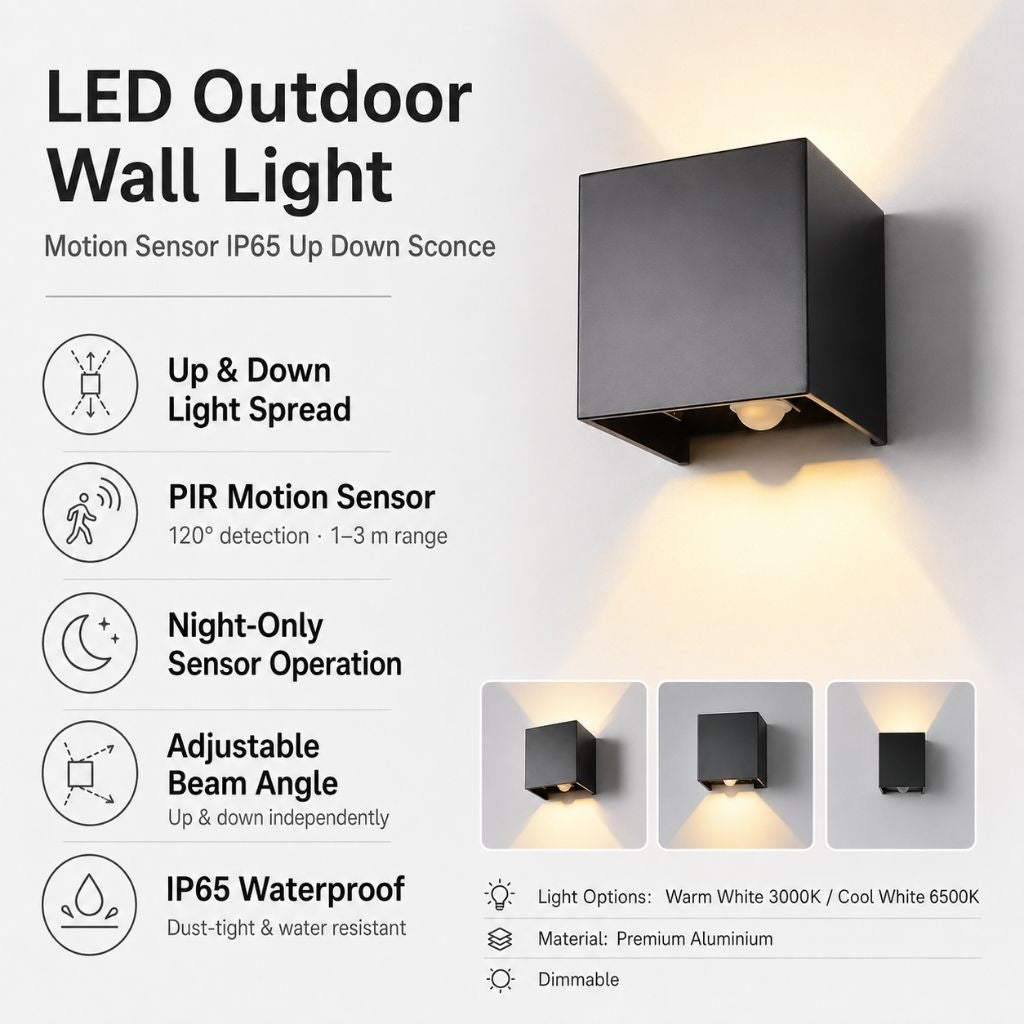 LED Outdoor Wall Light Motion Sensor IP65 Up Down Sconce - Tegulane Global