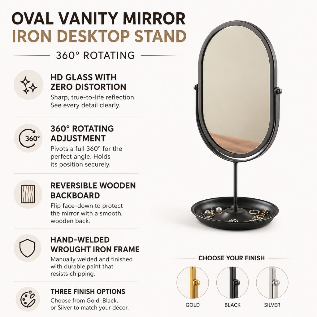 Oval Vanity Mirror Iron Desktop Stand 360° Rotating - Tegulane Global