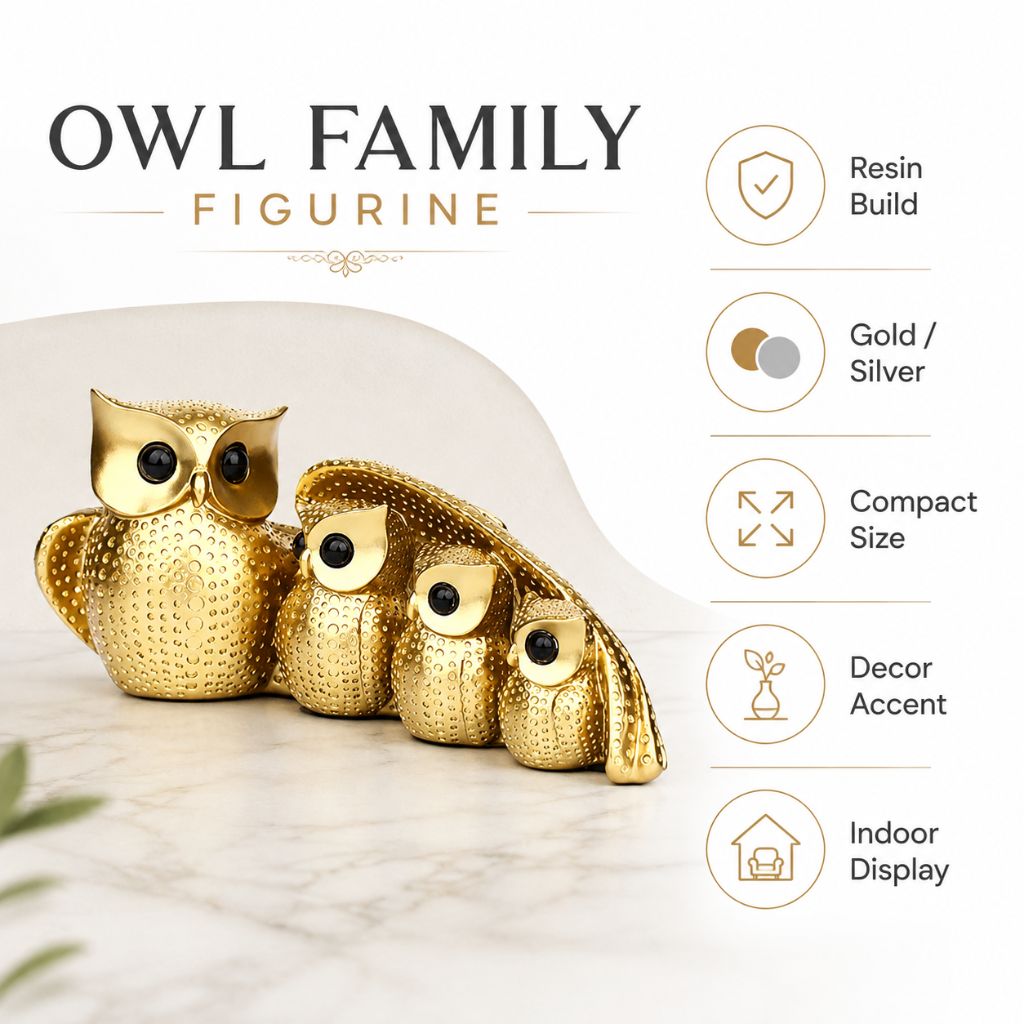 Owl Family Resin Figurine in Gold or Silver Finish - Tegulane Global