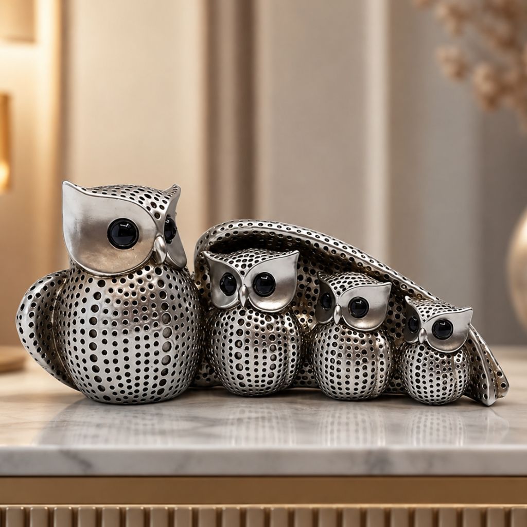 Owl Family Resin Figurine in Gold or Silver Finish - Tegulane Global