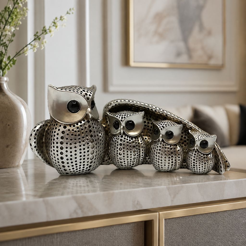 Owl Family Resin Figurine in Gold or Silver Finish - Tegulane Global