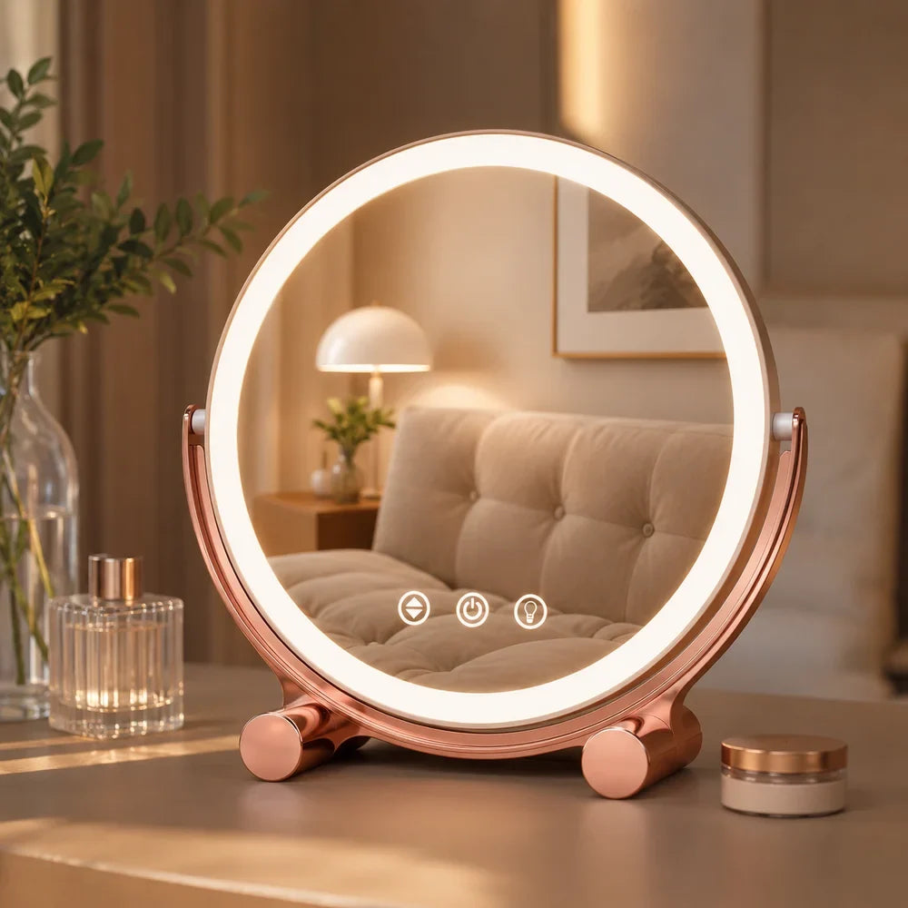 Pink Tabletop LED Makeup Mirror Rechargeable Touch Control - Tegulane Global