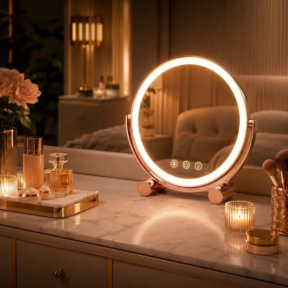 Pink Tabletop LED Makeup Mirror Rechargeable Touch Control - Tegulane Global