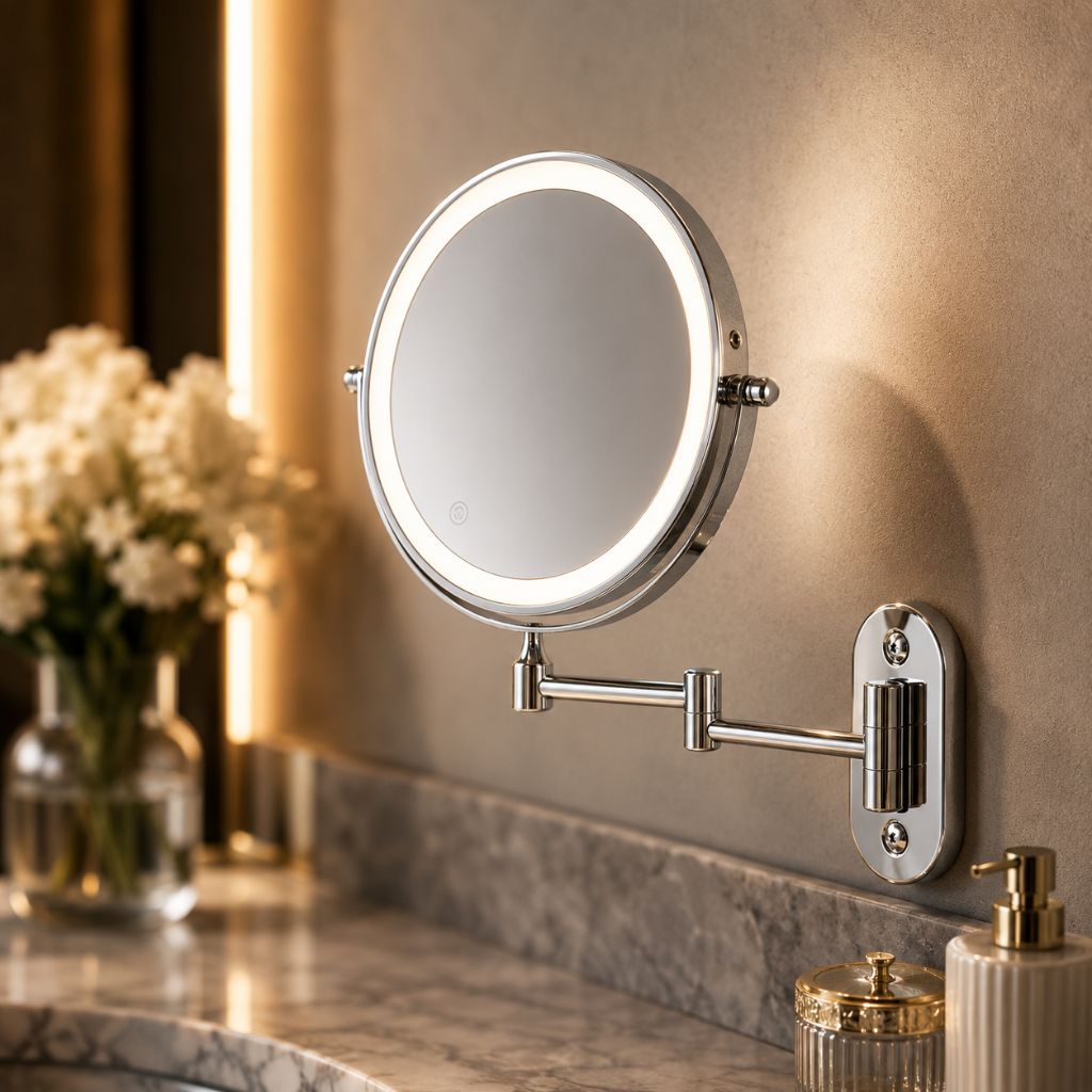 Rechargeable Silver LED Mirror – Adjustable Lighting & Magnification - Tegulane Global