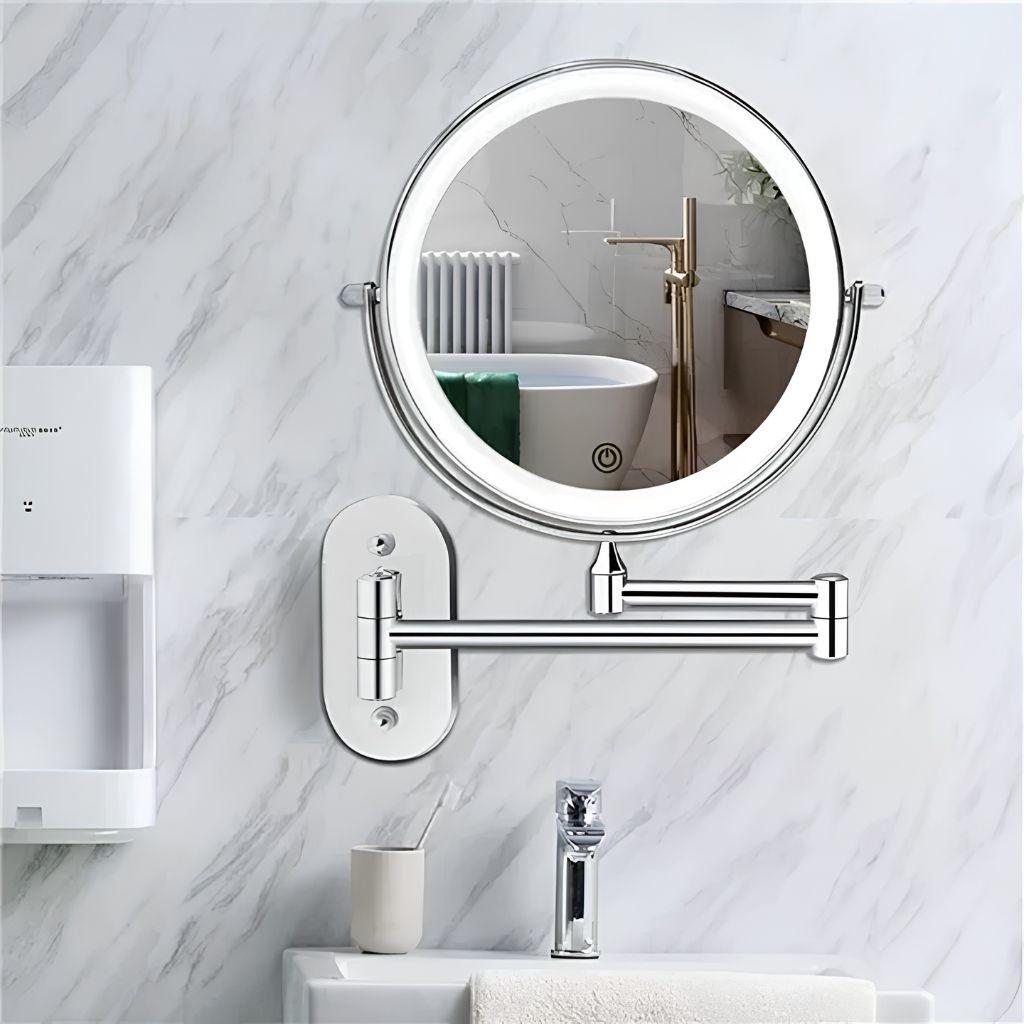 Rechargeable Silver LED Mirror – Adjustable Lighting & Magnification - Tegulane Global
