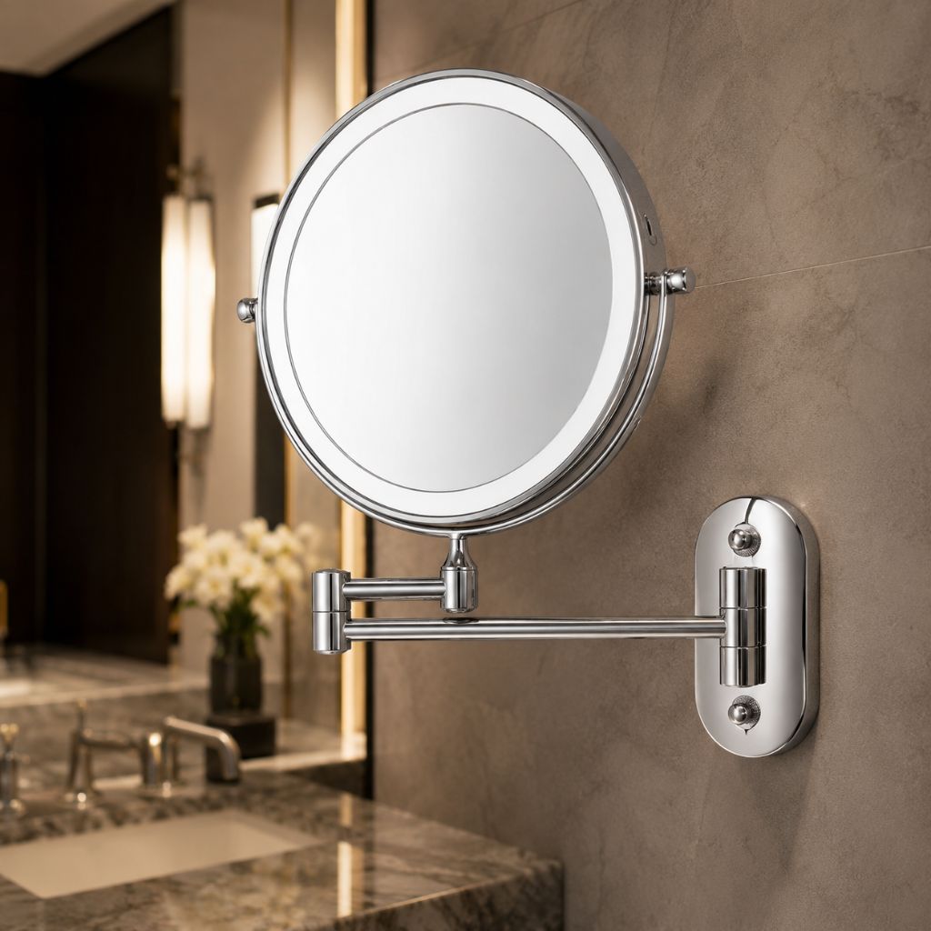 Rechargeable Silver LED Mirror – Adjustable Lighting & Magnification - Tegulane Global