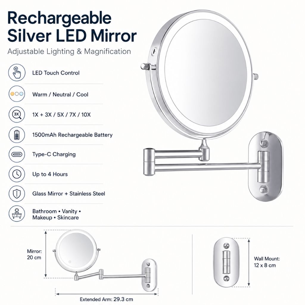 Rechargeable Silver LED Mirror – Adjustable Lighting & Magnification - Tegulane Global