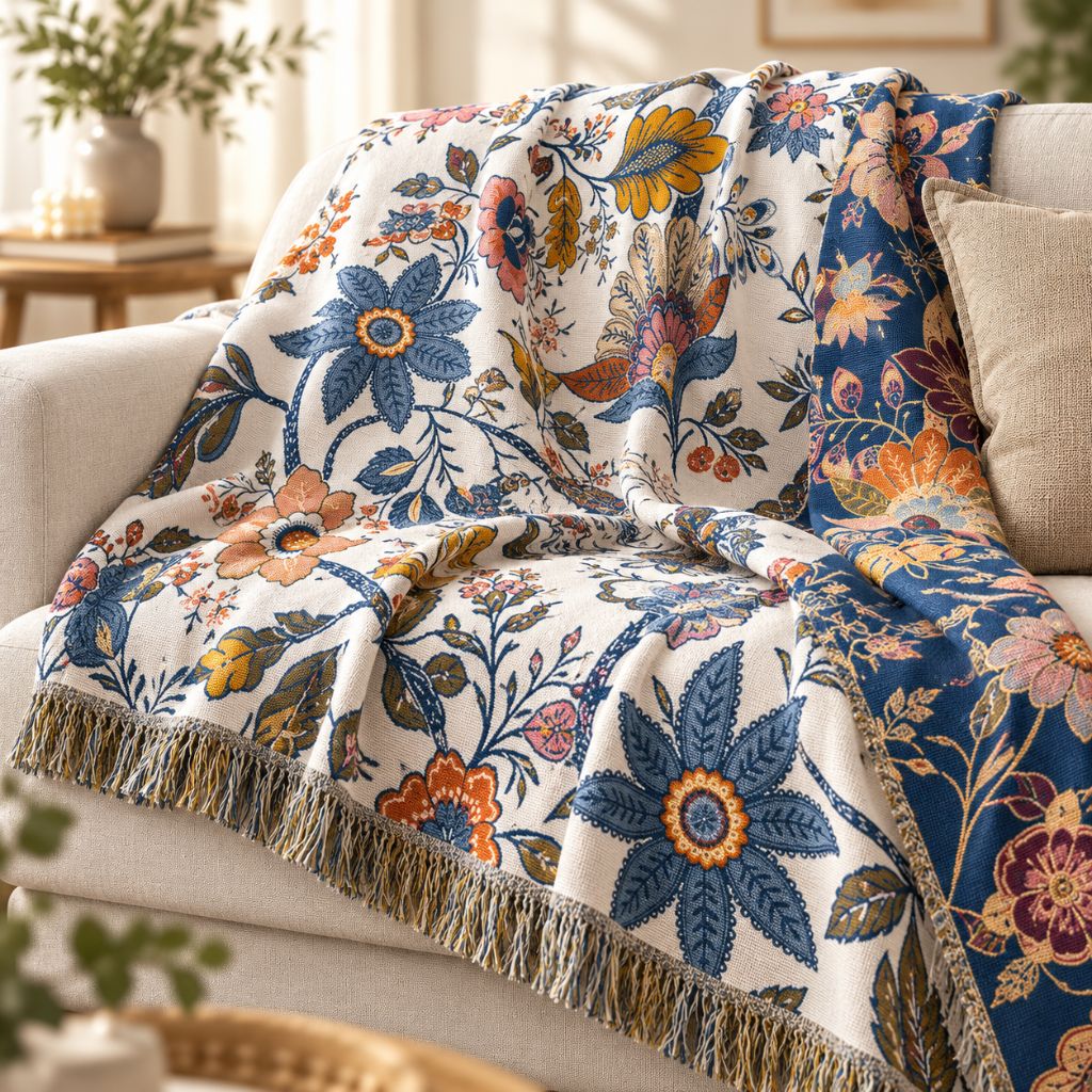 Reversible Floral Cotton Jacquard Throw Blanket